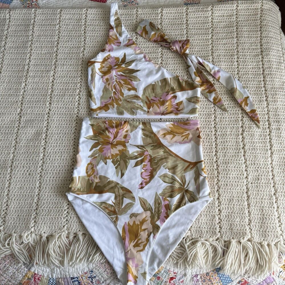 BAIIA Swimwear Size 14 High Waisted Bikini Set 3 Piece White Tropical Floral